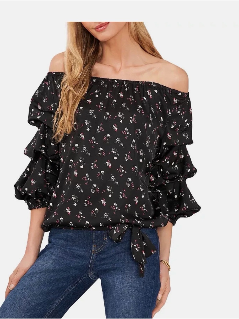 Vince Camuto Black Off-Shoulder Floral Ruffle Sleeve Top with Side Tie